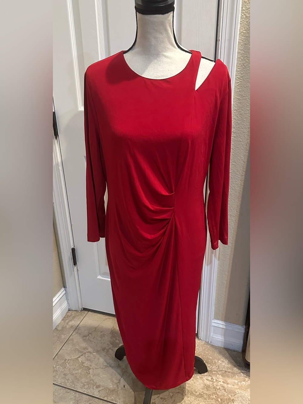 Soft Knit Red Ruched Long Sleeve Dress With Cold Shoulder Design